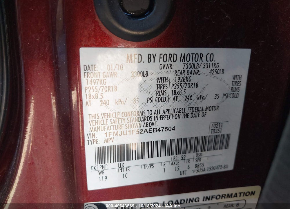 2010 FORD EXPEDITION XLT VIN: 1FMJU1F52AEB47504