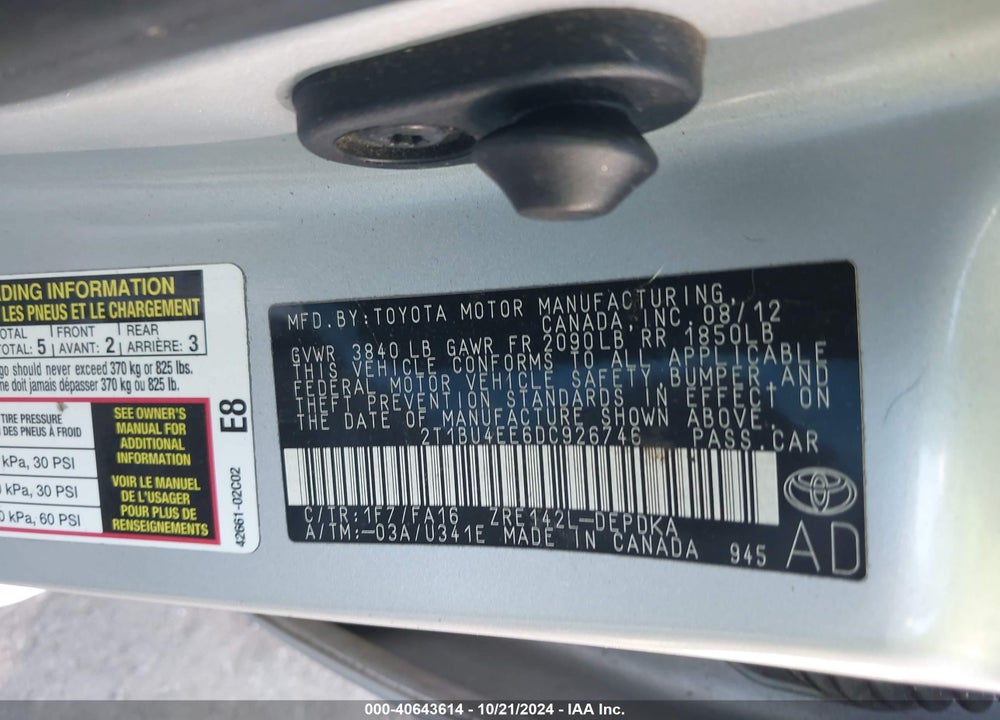 2013 TOYOTA COROLLA L VIN: 2T1BU4EE6DC926746