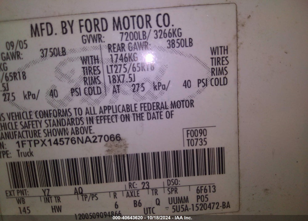 2006 FORD F-150 FX4/LARIAT/XL/XLT VIN: 1FTPX14576NA27066