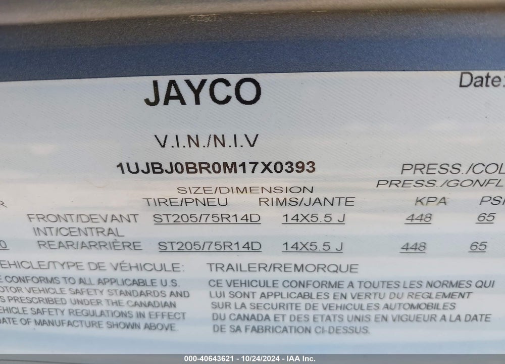 2021 JAYCO TRAVEL TRLR VIN: 1UJBJ0BR0M17X0393