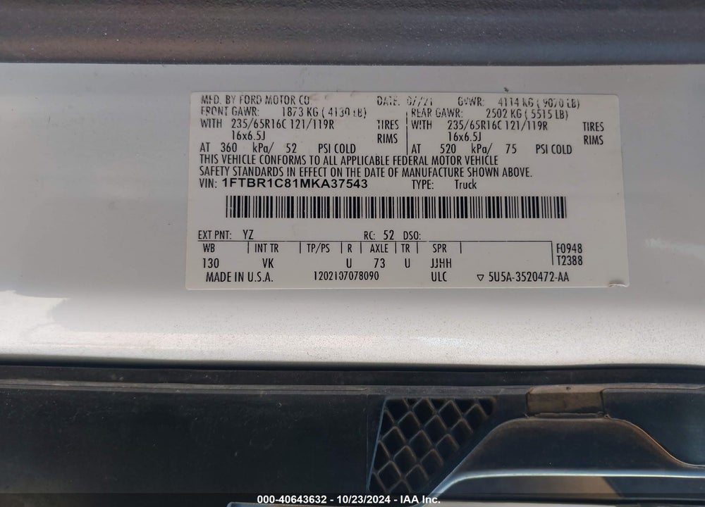 2021 FORD TRANSIT-250 CARGO VAN VIN: 1FTBR1C81MKA37543