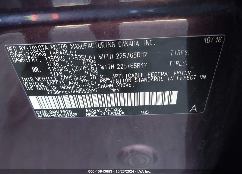 2017 TOYOTA RAV4 VIN: 2T3BFREV6HW553887