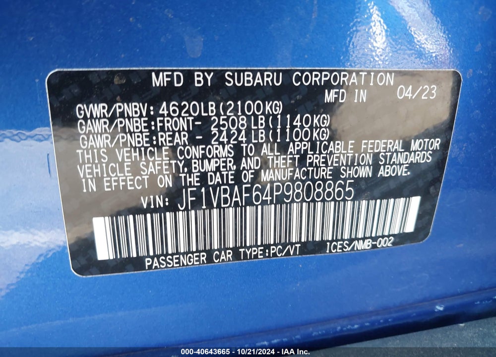 2023 SUBARU WRX PREMIUM VIN: JF1VBAF64P9808865