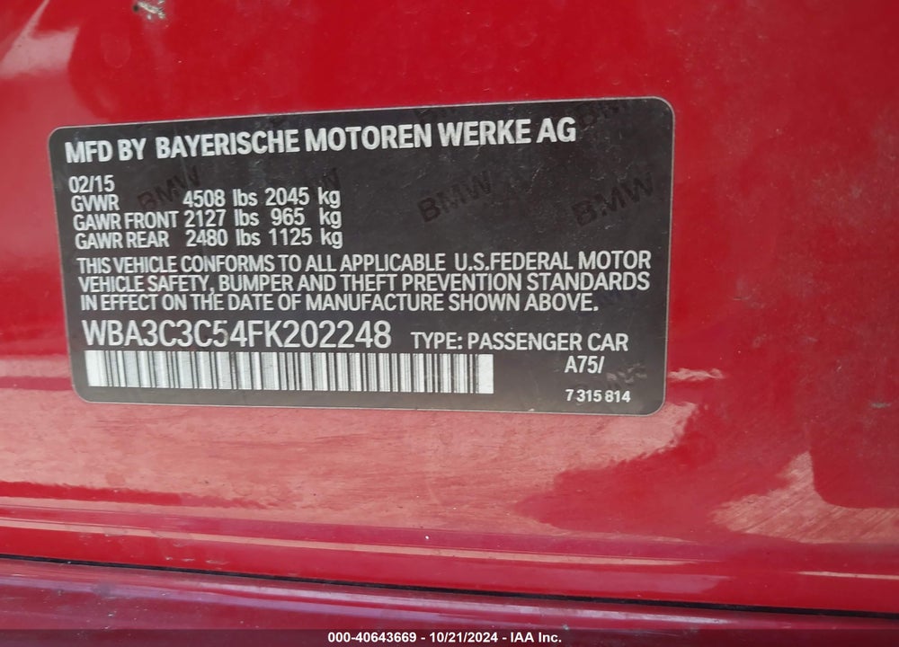 2015 BMW 320I XDRIVE VIN: WBA3C3C54FK202248