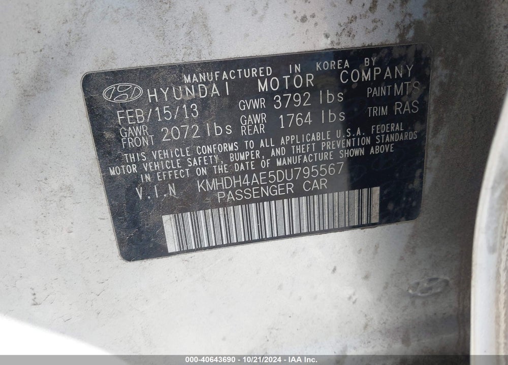 2013 HYUNDAI ELANTRA GLS VIN: KMHDH4AE5DU795567