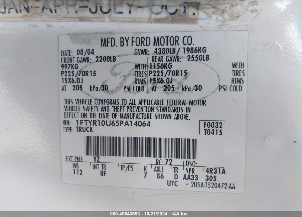 2005 FORD RANGER EDGE/STX/XL/XLS/XLT VIN: 1FTYR10U65PA14064