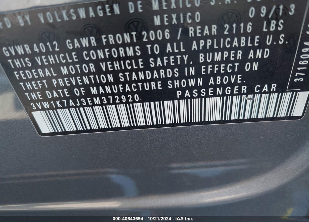 2014 VOLKSWAGEN JETTA 2.0L S VIN: 3VW1K7AJ3EM372920