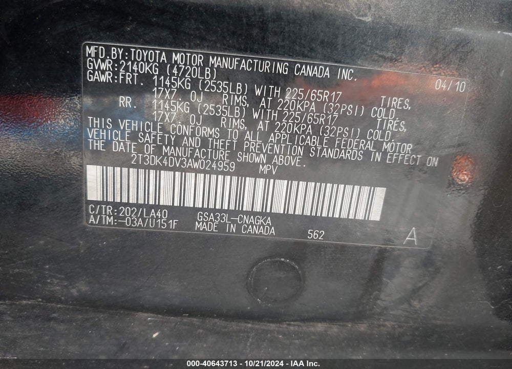 2010 TOYOTA RAV4 VIN: 2T3DK4DV3AW024959