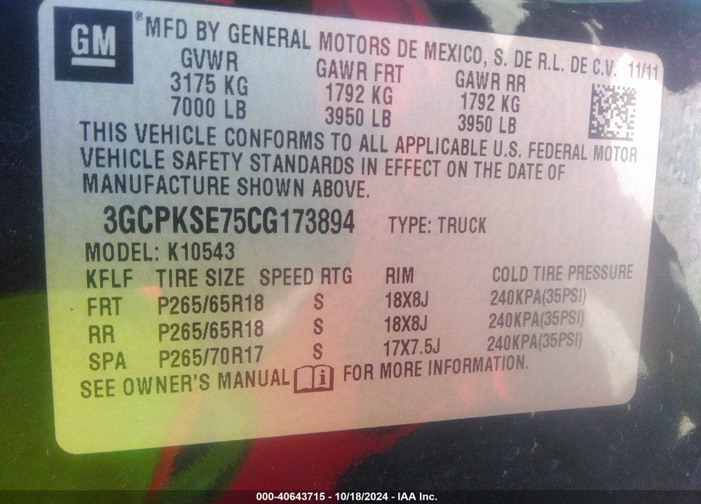 2012 CHEVROLET SILVERADO 1500 LT VIN: 3GCPKSE75CG173894