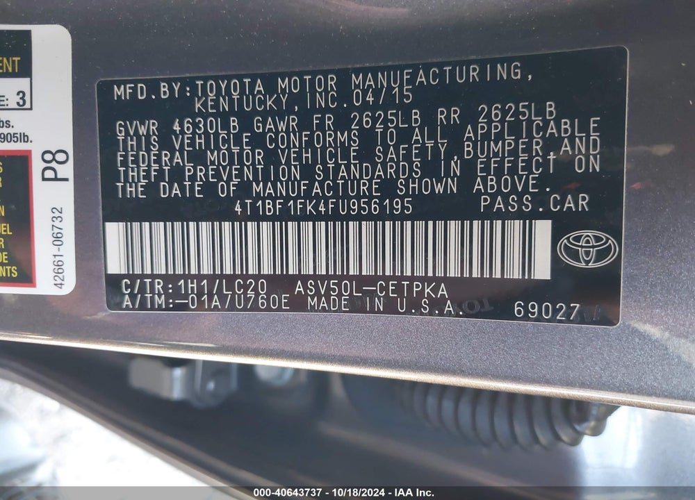 2015 TOYOTA CAMRY XSE VIN: 4T1BF1FK4FU956195