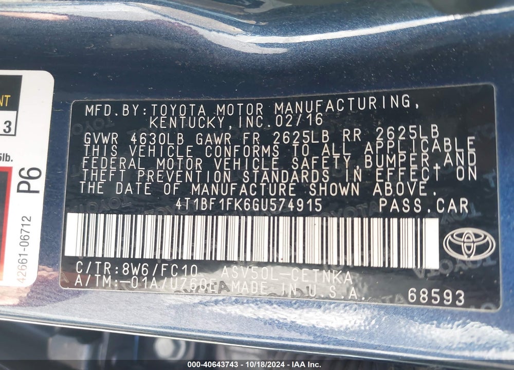 2016 TOYOTA CAMRY LE VIN: 4T1BF1FK6GU574915