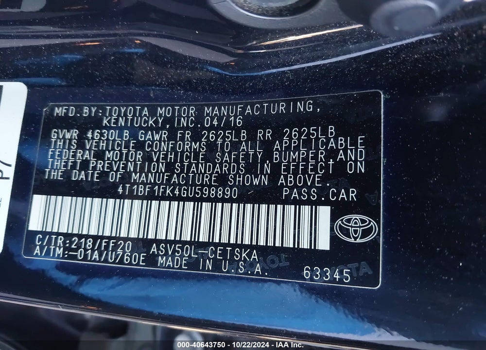 2016 TOYOTA CAMRY SE VIN: 4T1BF1FK4GU598890