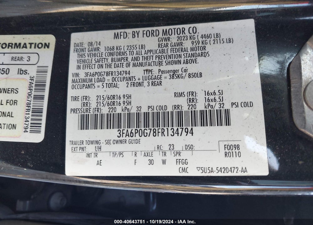 2015 FORD FUSION S VIN: 3FA6P0G78FR134794