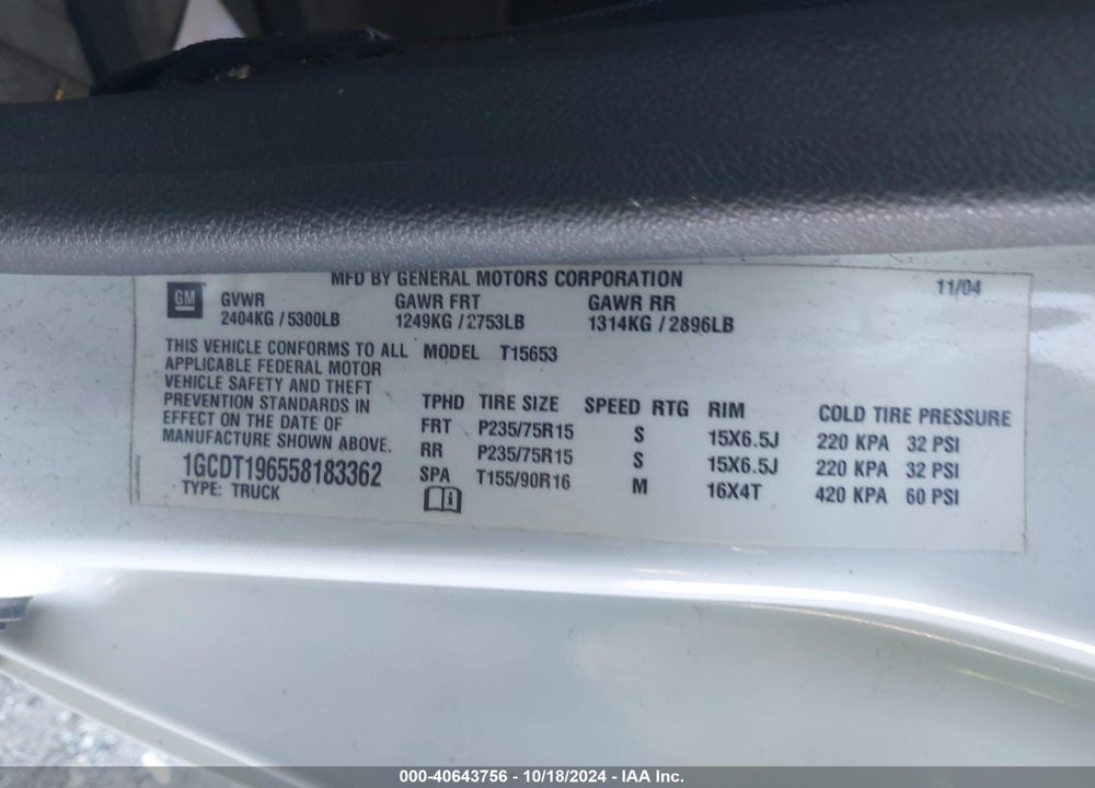 2005 CHEVROLET COLORADO LS VIN: 1GCDT196558183362