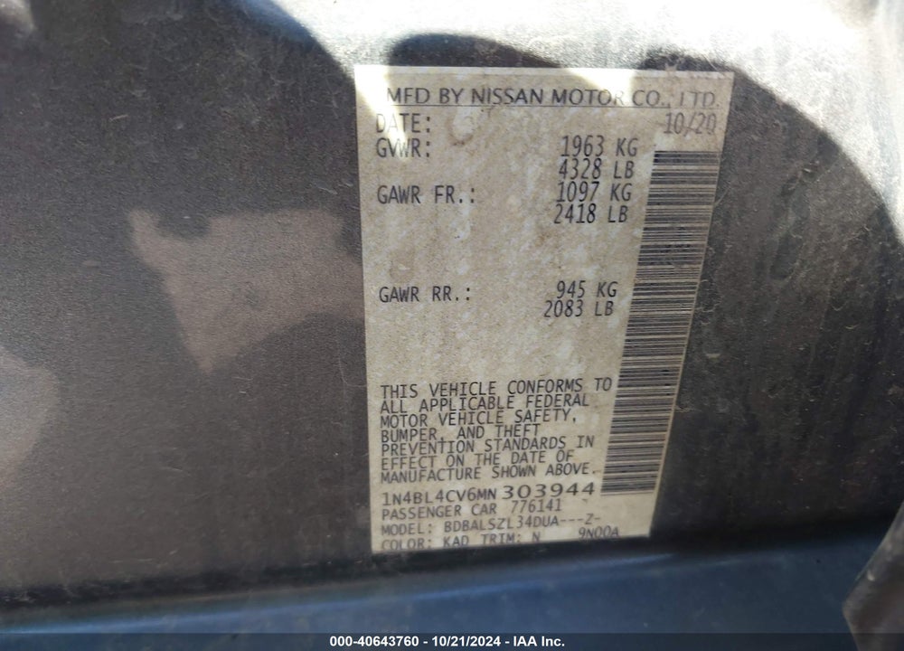 2021 NISSAN ALTIMA SR FWD VIN: 1N4BL4CV6MN303944