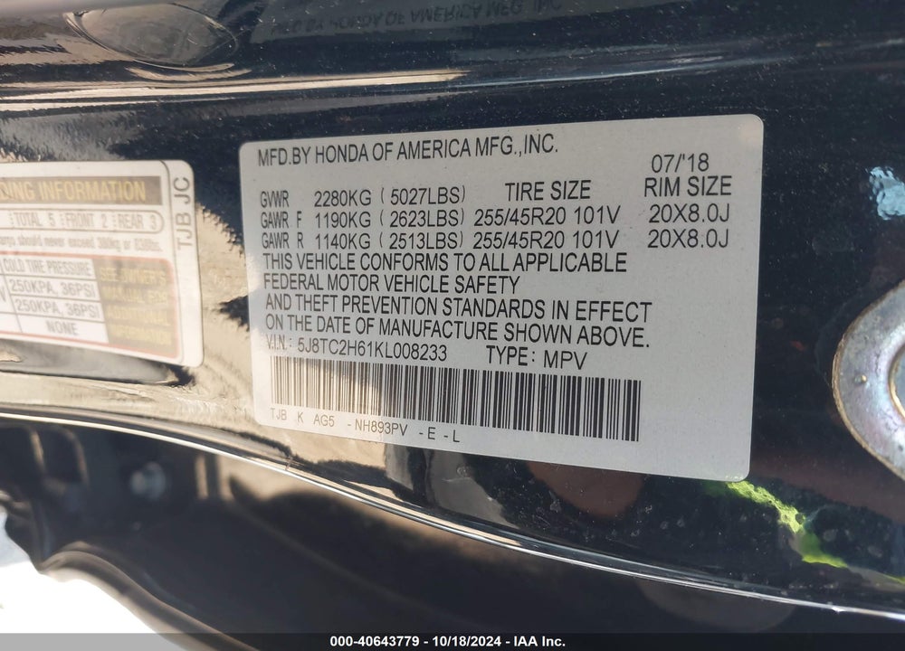 2019 ACURA RDX A-SPEC PACKAGE VIN: 5J8TC2H61KL008233