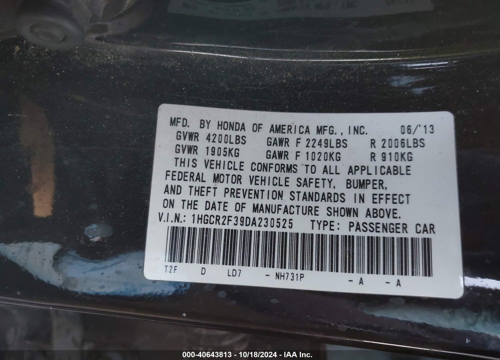 2013 HONDA ACCORD LX VIN: 1HGCR2F39DA230525