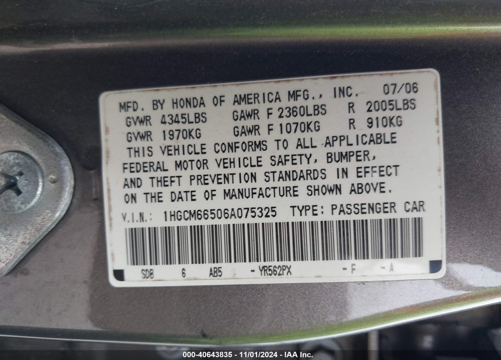 2006 HONDA ACCORD 3.0 EX VIN: 1HGCM66506A075325