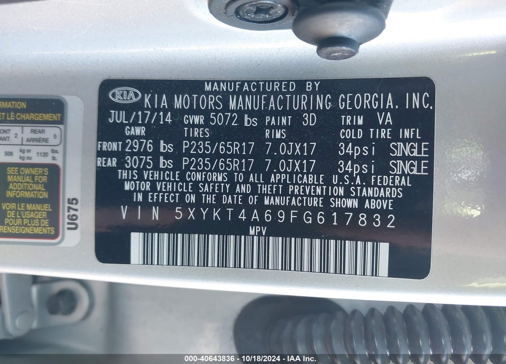 2015 KIA SORENTO LX VIN: 5XYKT4A69FG617832