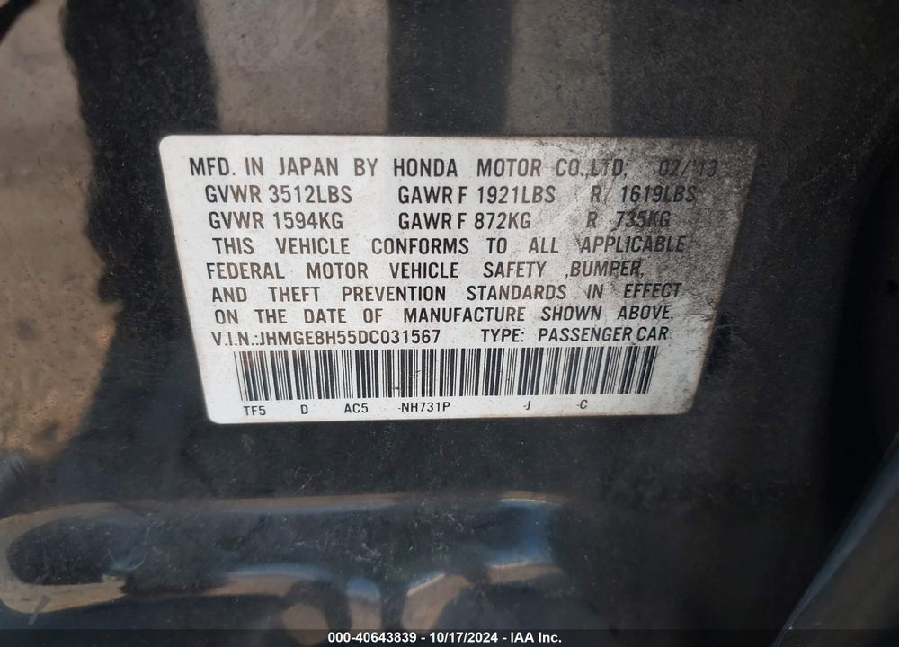 2013 HONDA FIT SPORT VIN: JHMGE8H55DC031567