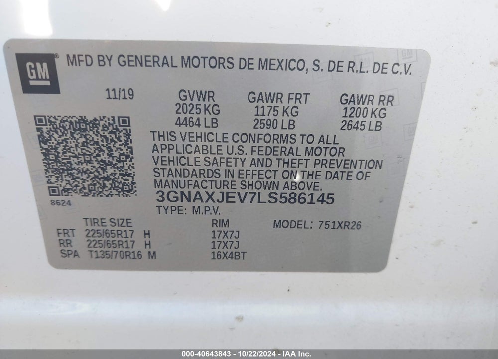 2020 CHEVROLET EQUINOX FWD 2FL VIN: 3GNAXJEV7LS586145