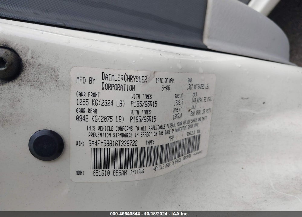 2006 CHRYSLER PT CRUISER TOURING VIN: 3A4FY58B16T336722