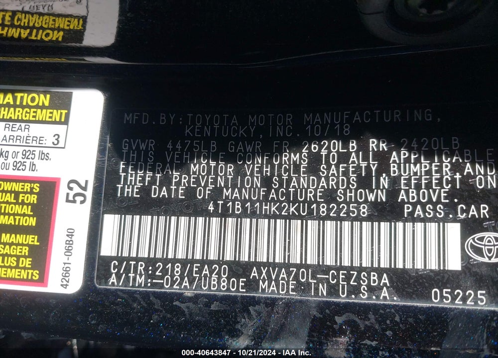 2019 TOYOTA CAMRY SE VIN: 4T1B11HK2KU182258