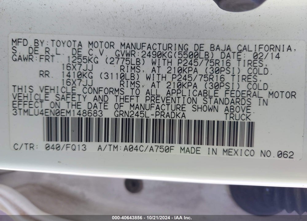 2014 TOYOTA TACOMA BASE V6 VIN: 3TMLU4EN0EM148683