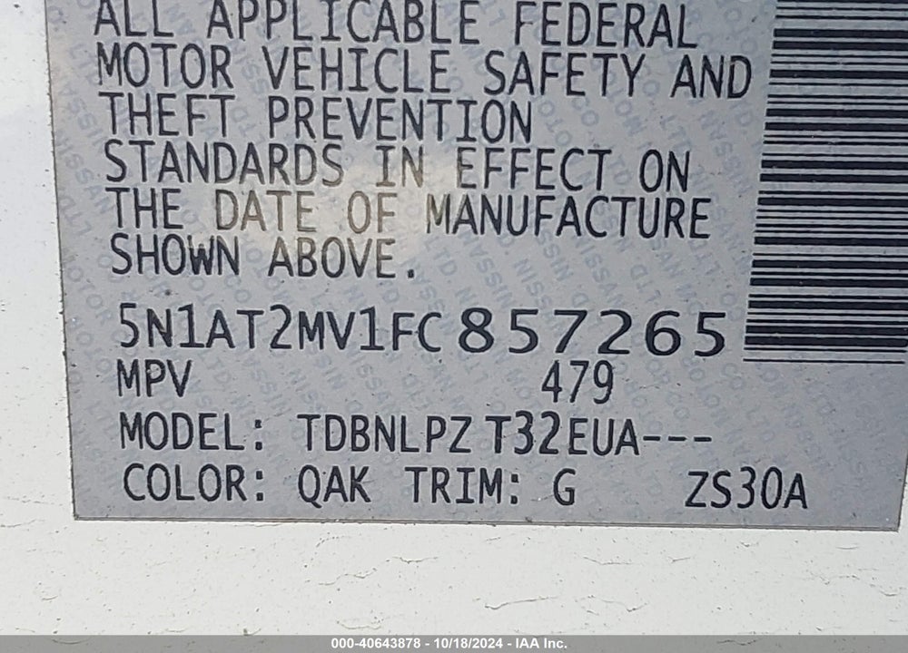 2015 NISSAN ROGUE S VIN: 5N1AT2MV1FC857265