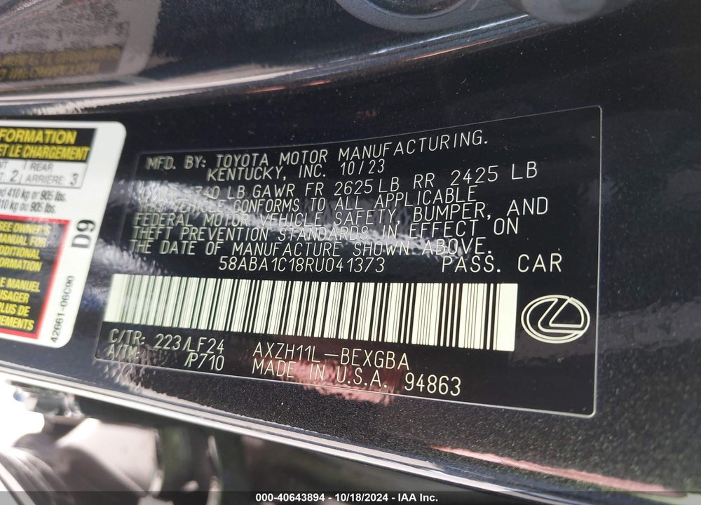 2024 LEXUS ES 300H F-SPORT HANDLING VIN: 58ABA1C18RU041373