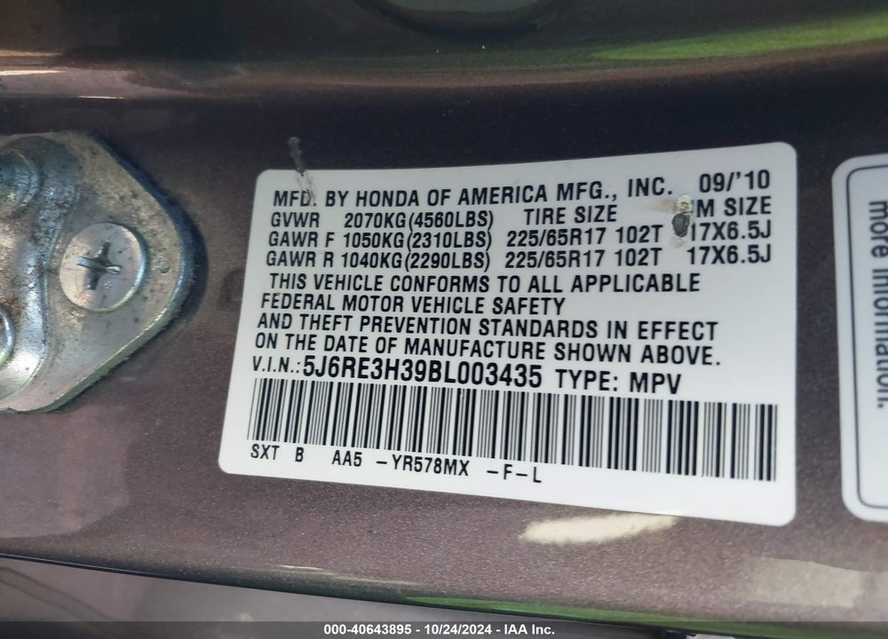 2011 HONDA CR-V LX VIN: 5J6RE3H39BL003435