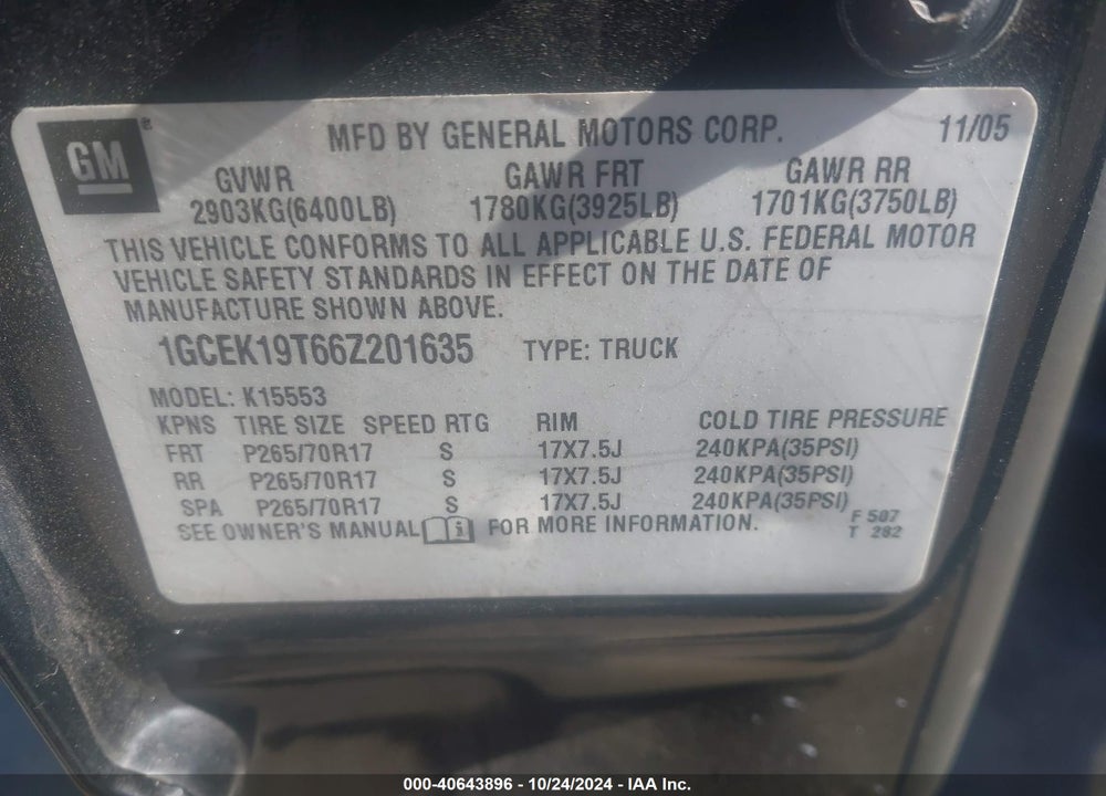 2006 CHEVROLET SILVERADO 1500 LT3 VIN: 1GCEK19T66Z201635