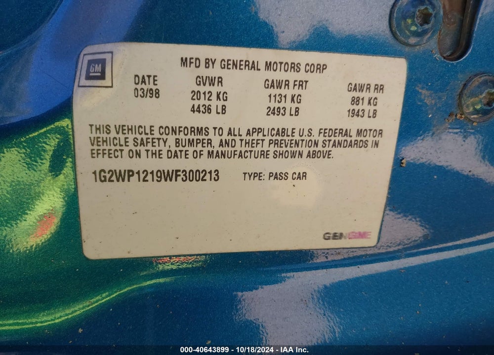 1998 PONTIAC GRAND PRIX GT VIN: 1G2WP1219WF300213