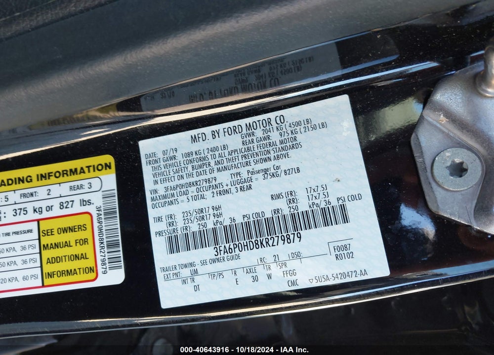 2019 FORD FUSION SE VIN: 3FA6P0HD8KR279879