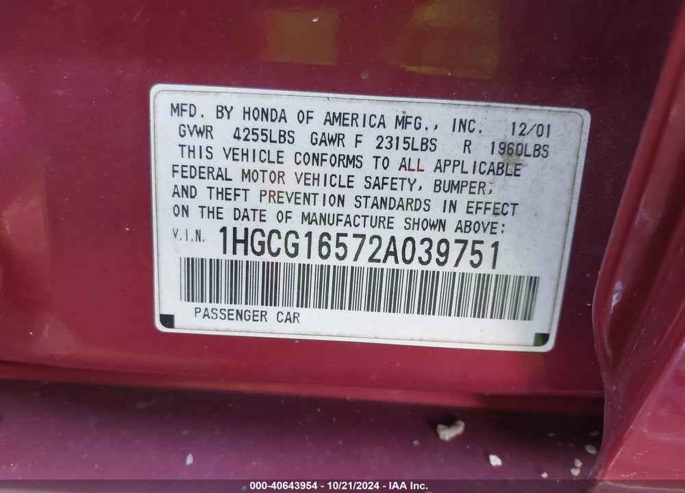 2002 HONDA ACCORD 3.0 EX VIN: 1HGCG16572A039751