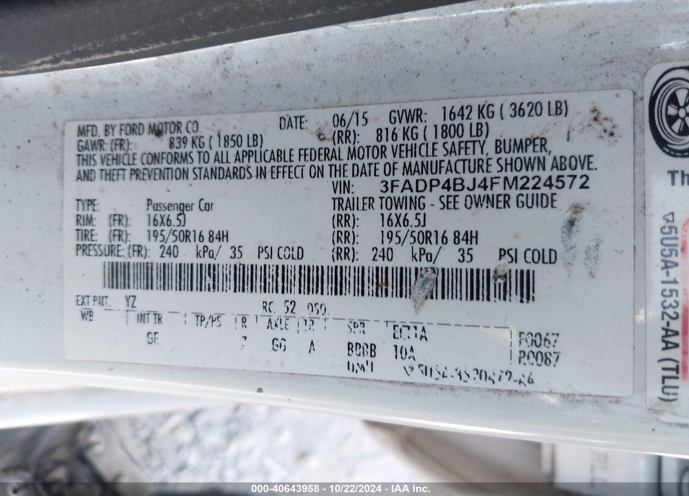 2015 FORD FIESTA SE VIN: 3FADP4BJ4FM224572