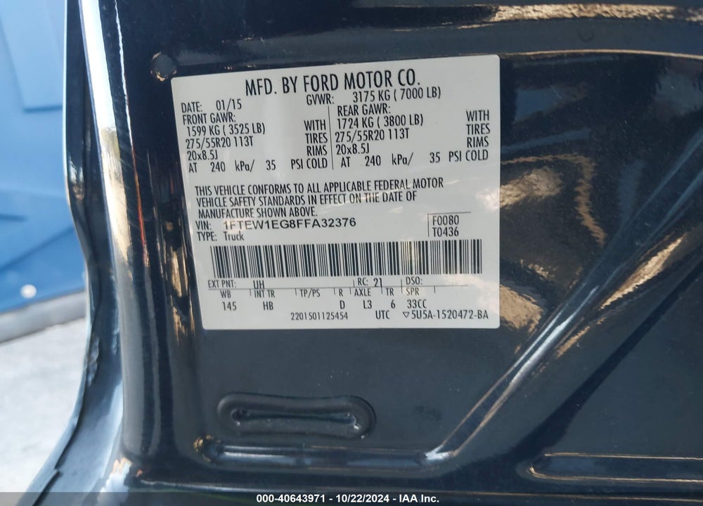 2015 FORD F-150 LARIAT VIN: 1FTEW1EG8FFA32376