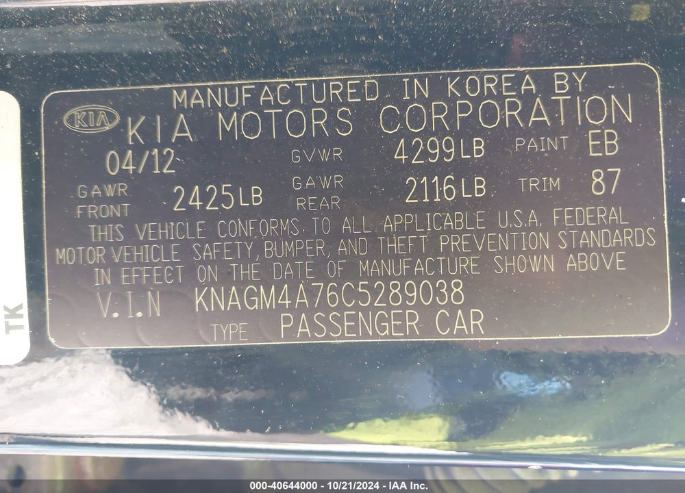 2012 KIA OPTIMA VIN: KNAGM4A76C5289038