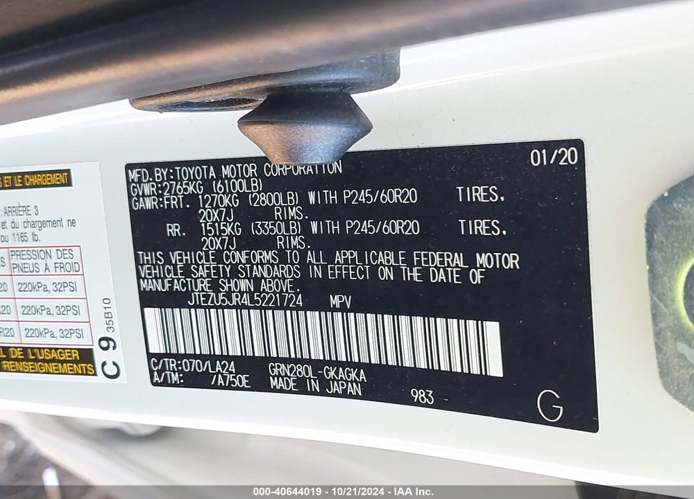 2020 TOYOTA 4RUNNER LIMITED VIN: JTEZU5JR4L5221724
