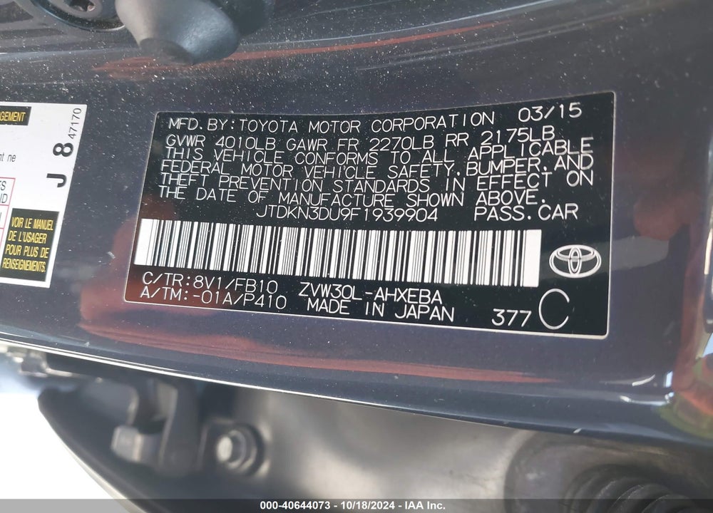 2015 TOYOTA PRIUS VIN: JTDKN3DU9F1939904