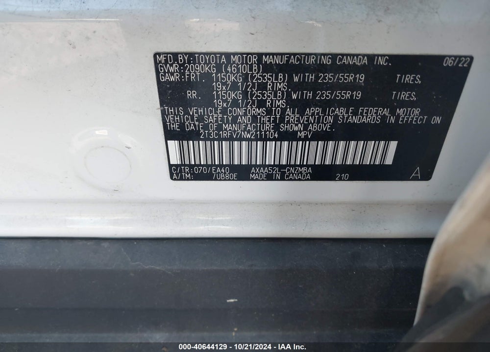 2022 TOYOTA RAV4 XLE PREMIUM VIN: 2T3C1RFV7NW211104