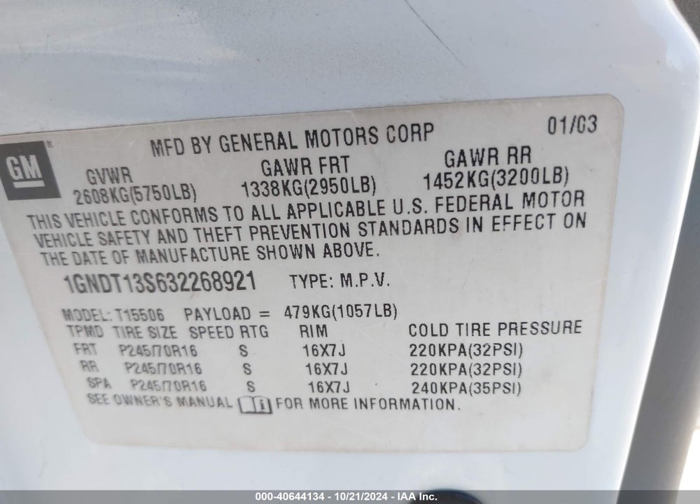 2003 CHEVROLET TRAILBLAZER LT VIN: 1GNDT13S632268921