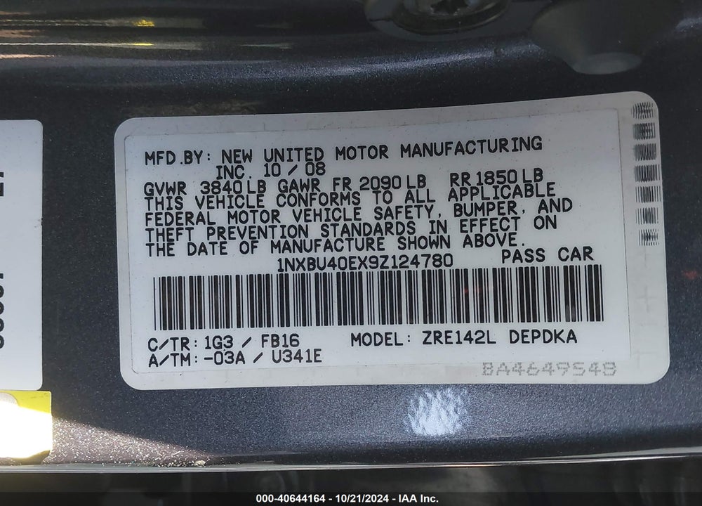 2009 TOYOTA COROLLA LE VIN: 1NXBU40EX9Z124780