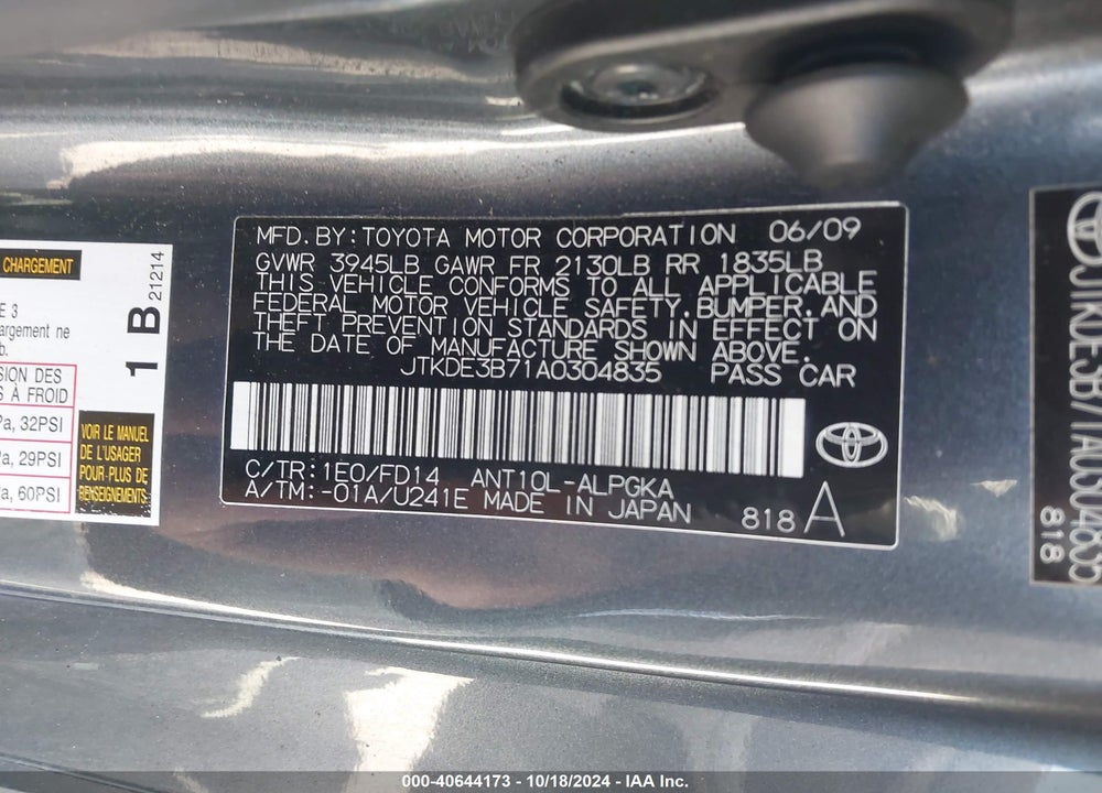 2010 SCION TC VIN: JTKDE3B71A0304835