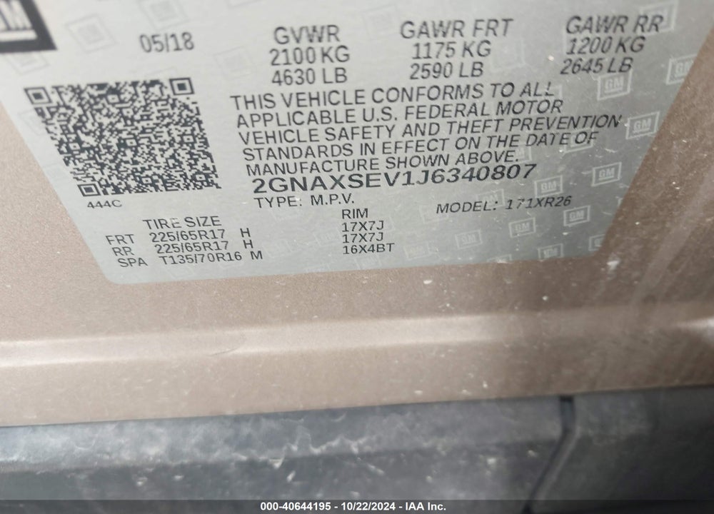 2018 CHEVROLET EQUINOX LT VIN: 2GNAXSEV1J6340807