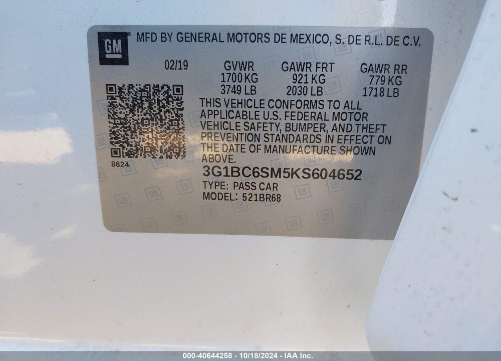 2019 CHEVROLET CRUZE LS VIN: 3G1BC6SM5KS604652