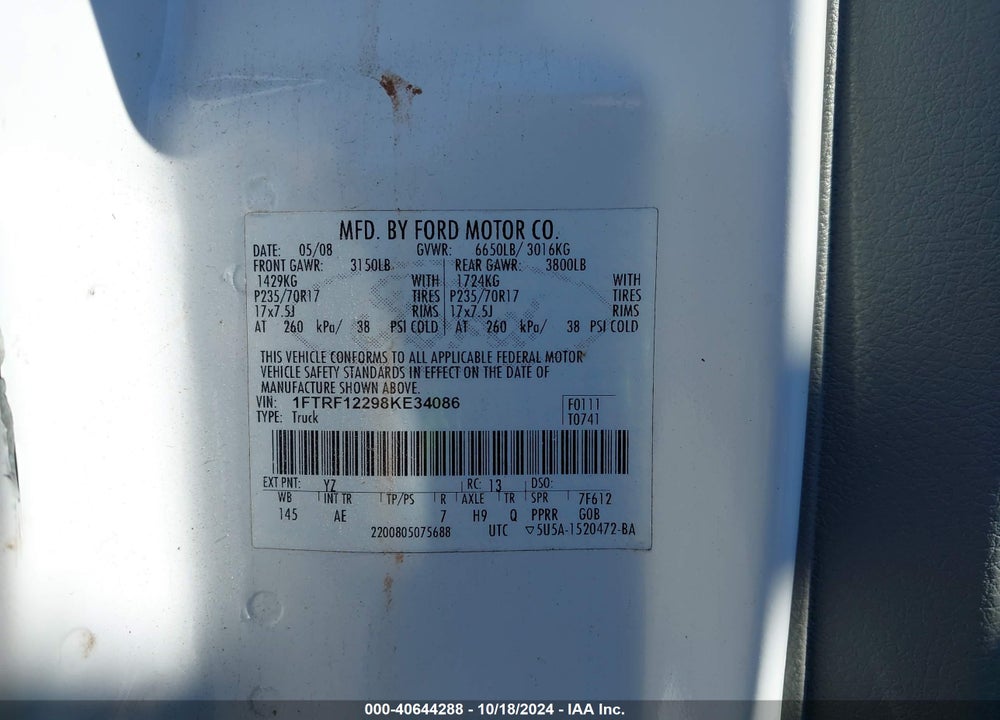 2008 FORD F-150 STX/XL/XLT VIN: 1FTRF12298KE34086