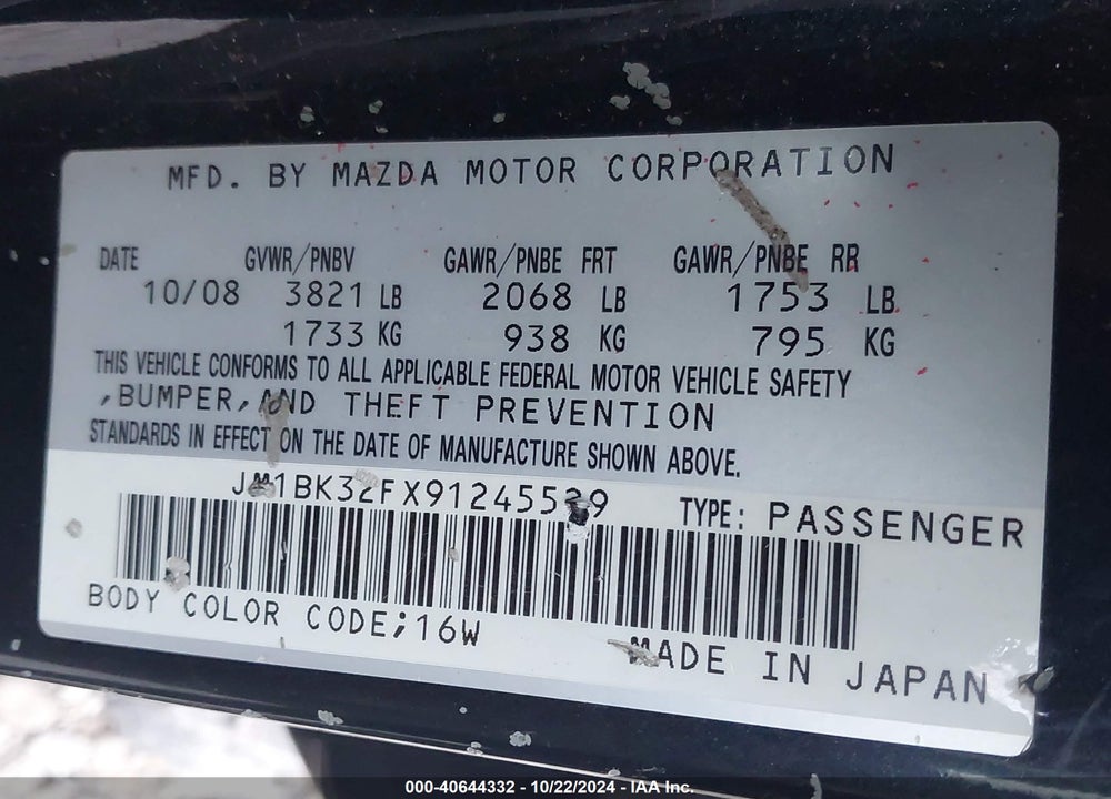 2009 MAZDA 3 I VIN: JM1BK32FX91245529