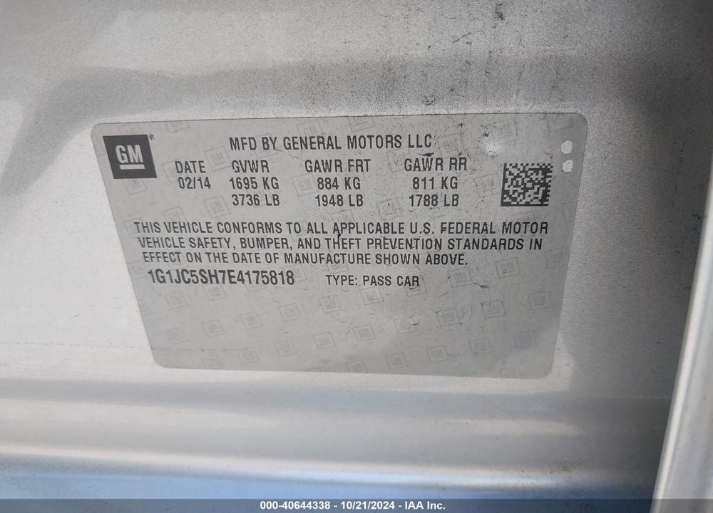 2014 CHEVROLET SONIC LT AUTO VIN: 1G1JC5SH7E4175818