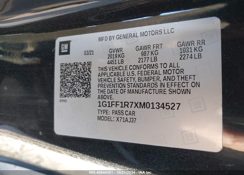 2021 CHEVROLET CAMARO RWD LT1 VIN: 1G1FF1R7XM0134527